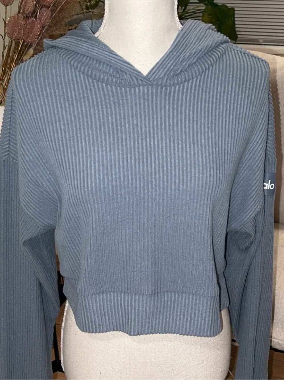 Alo Muse Cropped Ribbed Hoodie in Slate Gray